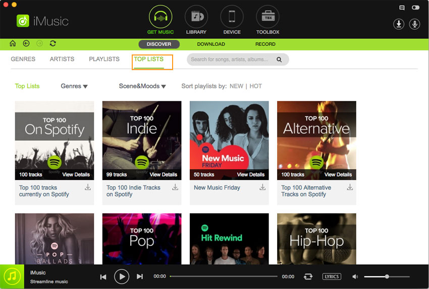 discover music in iMusic by top lists